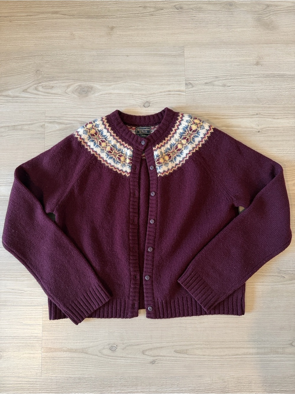 Vintage 90s Abercrombie & Fitch 100% Shetland Wool Fair Isle Cardigan - Burgundy